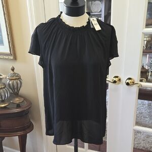 Express Black Short Flutter Sleeve Top Gathered Ruffle Stretch Neckline Lg NEW